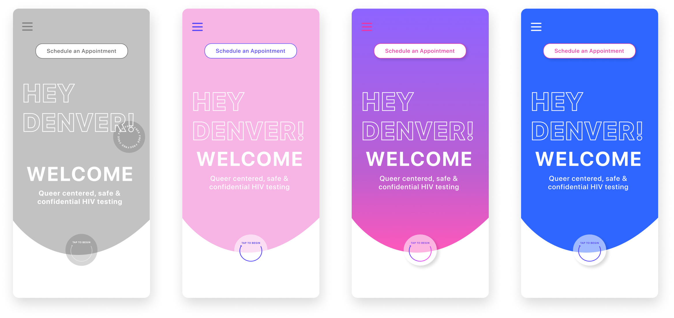 Four phone mockups with varying colors.